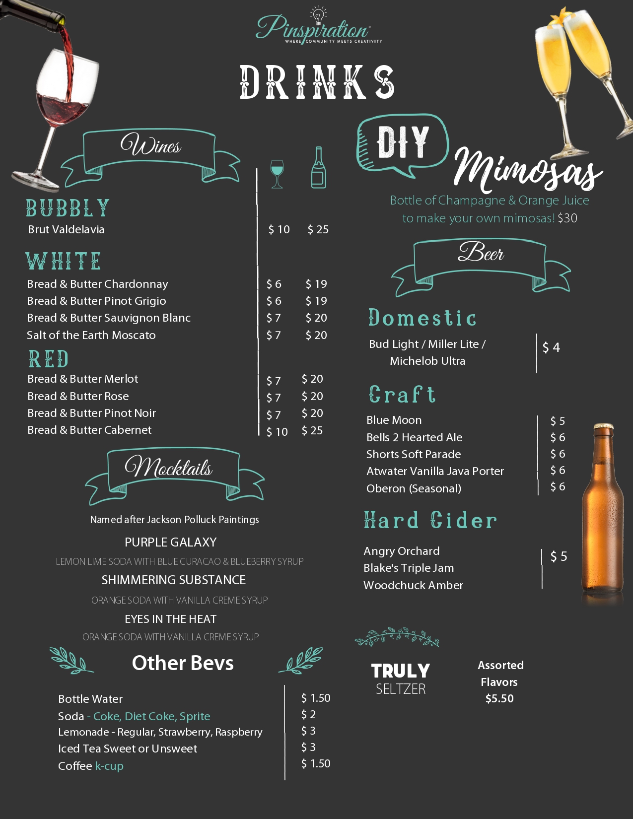 Pinspiration Kalamazoo Menu | Drinks, Wine, Beer, and Snacks